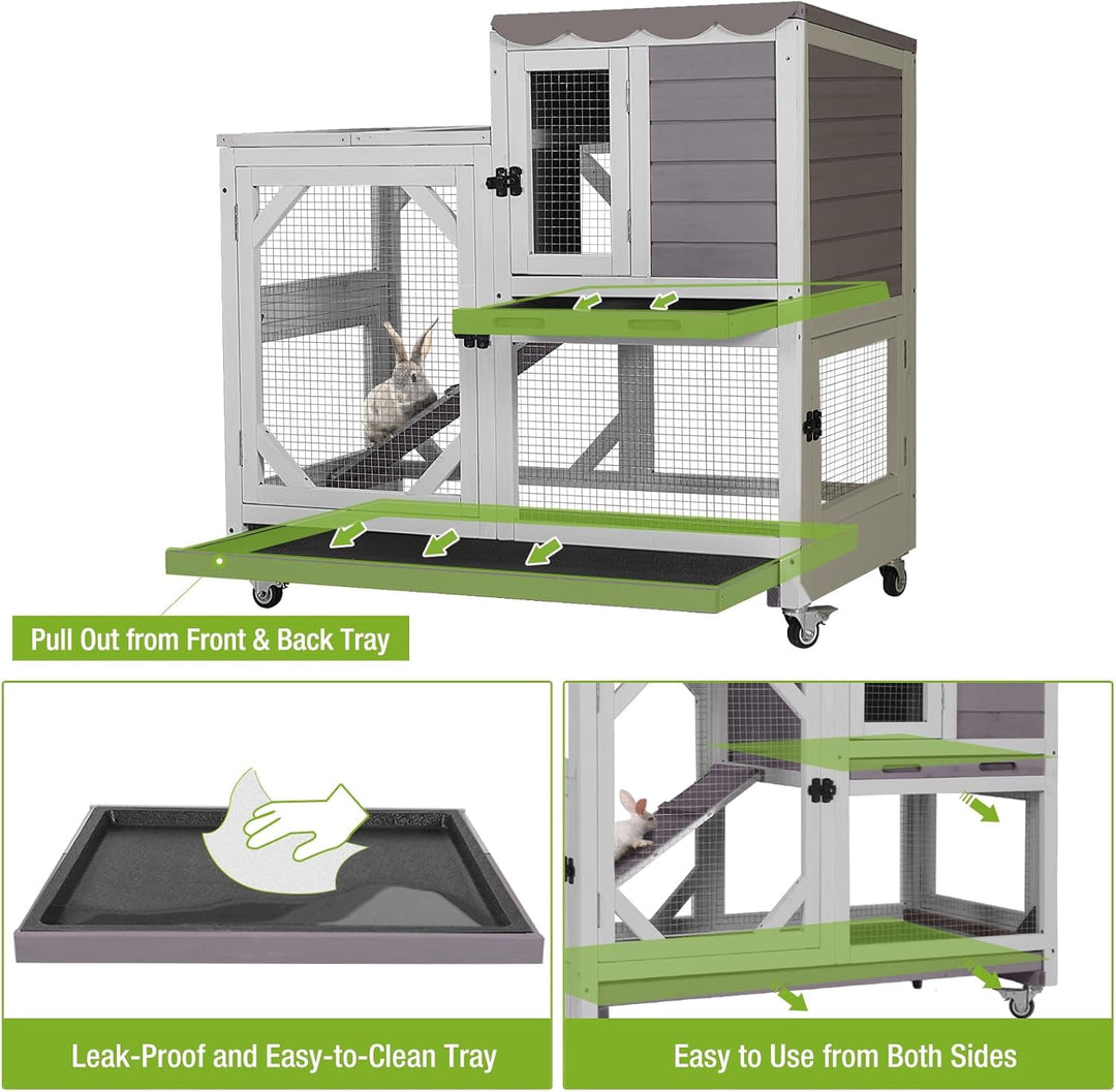 MEDEHOO 2-Story Rabbit Hutch Indoor Bunny Cage Outdoor Guinea Pig House Wooden Small Animal Cage with Chew-Proof Ramp, Leak-Proof Tray, Lockable Wheels for 2-4 Rabbits, Guinea Pigs (Grey) AIR7013-G-MA-WM