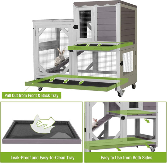 MEDEHOO 2-Story Rabbit Hutch Indoor Bunny Cage Outdoor Guinea Pig House Wooden Small Animal Cage with Chew-Proof Ramp, Leak-Proof Tray, Lockable Wheels for 2-4 Rabbits, Guinea Pigs (Grey) AIR7013-G-MA-WM
