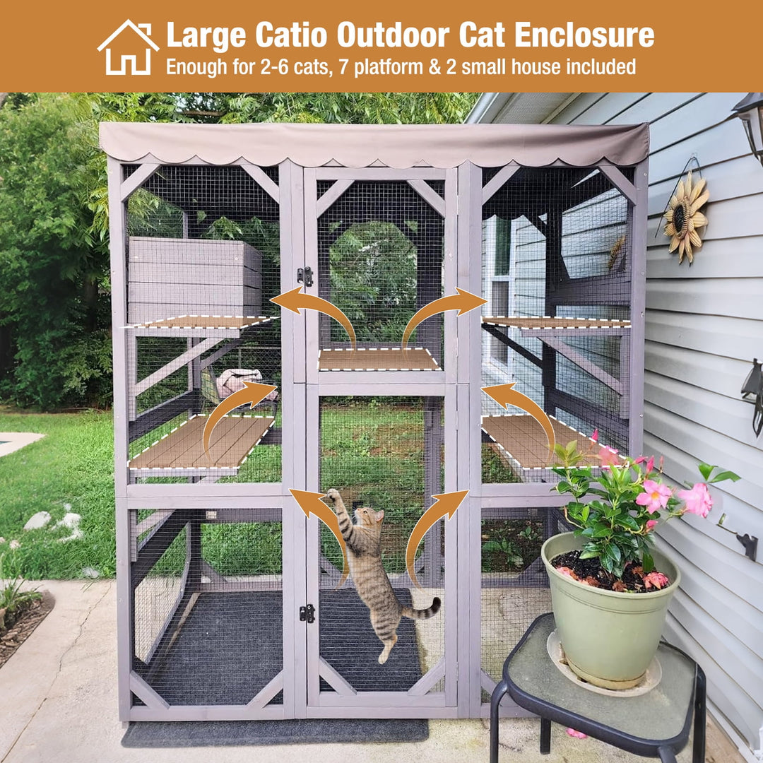 MEDEHOO 62.6" Walk-in Outdoor Catio, Large 4-Tier Wooden Cat Enclosure with 7 Climbing Platforms &amp; 2 Resting Houses, Window Cat House for Multiple Cats