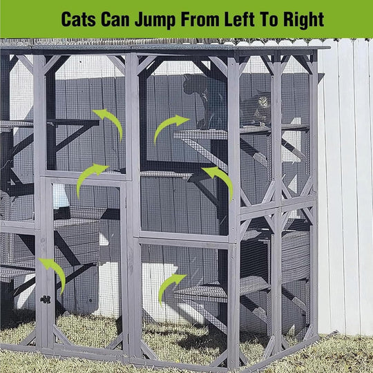 MEDEHOO Catio Outdoor Cat Enclosure Large Walk in Window Cat House for Mulitiple Cats with 7 Platforms and 2 Resting Box,Asphalt Roof,70 inch