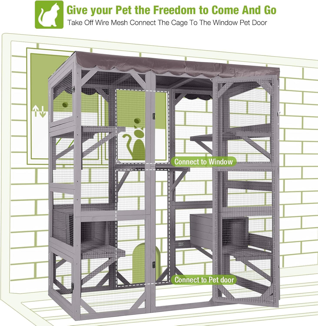 MEDEHOO Catio Outdoor Cat Enclosure Large Walk in Window Cat House for Mulitiple Cats with 7 Platforms and 2 Resting Box,Tarp Roof,71 inch