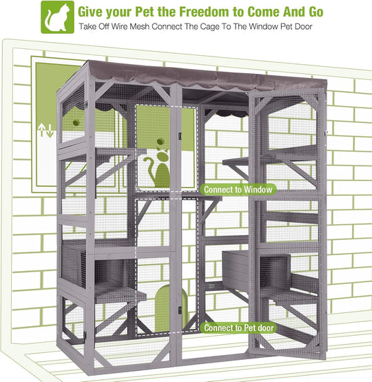 MEDEHOO Catio Outdoor Cat Enclosure Large Walk in Window Cat House for Mulitiple Cats with 7 Platforms and 2 Resting Box,Tarp Roof,71 inch
