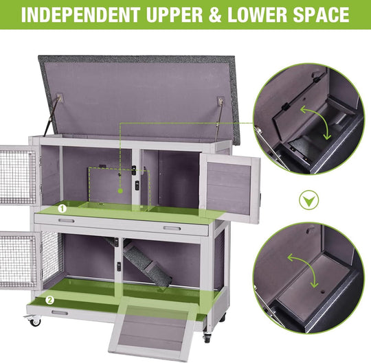 MEDEHOO Rabbit Hutch Bunny Cage, Guinea Pig Cage Bunny Hutch Indoor, Wood Pet Cage with 4 Casters -2 Story &amp; 2 Trays (Grey) AIR77-G-WM
