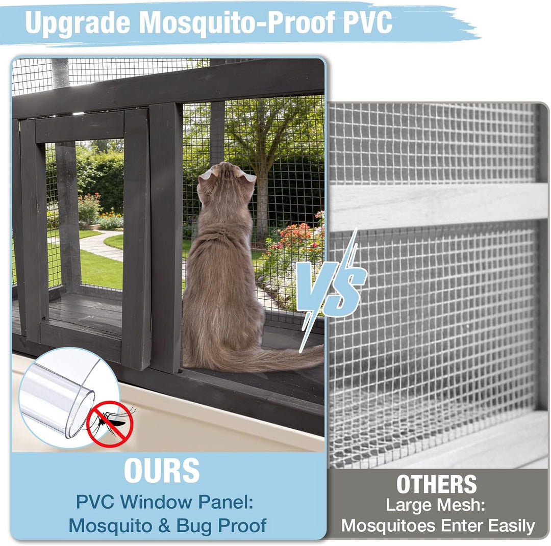 MEDEHOO Cat Window Box Attach to Window Catio Outdoor Cat Enclosure with Weatherproof Roof PVC Door Outside Wooden Cat Window Perch for Indoor Cats CO7016-9DML-WM