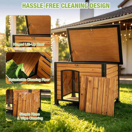 MEDEHOO Heated Outdoor Dog House with Insulated Liner for Medium Breeds Weatherproof Wooden Dog Kennel with Openable Asphalt Roof, Chew-Proof Metal Frame Brown