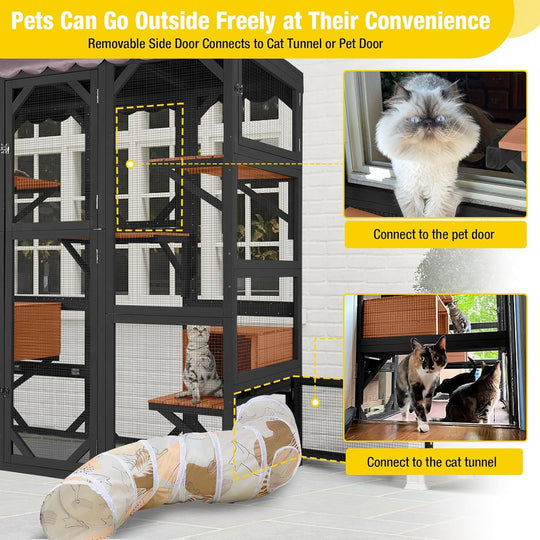 MEDEHOO Catio Outdoor Cat Enclosure Large Wooden Cat Cage Condo Playpen for Multiple Cats Waterproof Cover for Indoor Outdoor (Black)