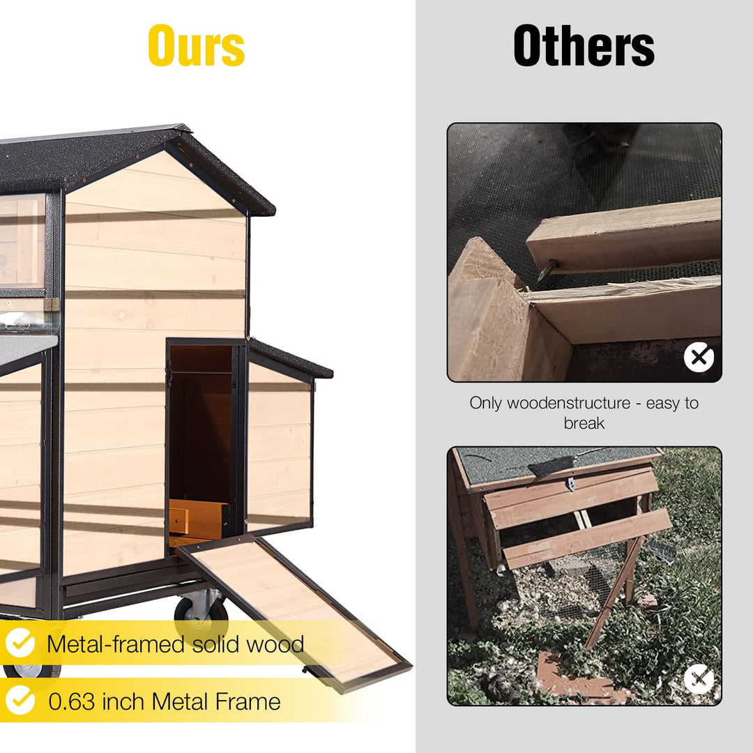 MEDEHOO Extra Large Mobile Chicken Coop with Run, Portable Chicken Tractor with Wheels, Hen House Poultry Cage with All-Around Iron Frame, Metal Sliding Tray, 6 Nesting Boxes for 6-10 Chickens