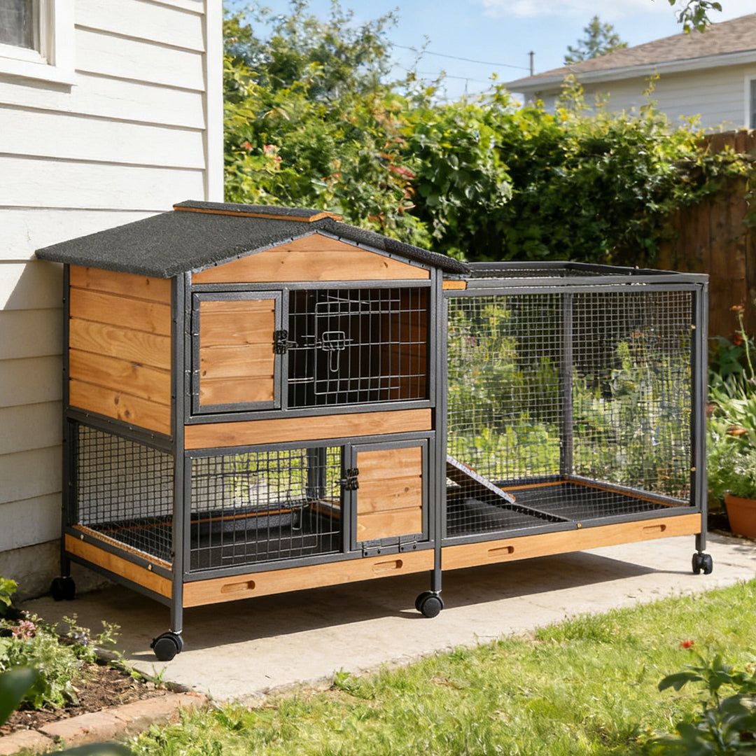 MEDEHOO 62" Heavy-Duty Rabbit Hutch with Full Iron Frame, 2-Story Indoor &amp; Outdoor Bunny Cage with Wheels and Pull-Out Tray, Orange