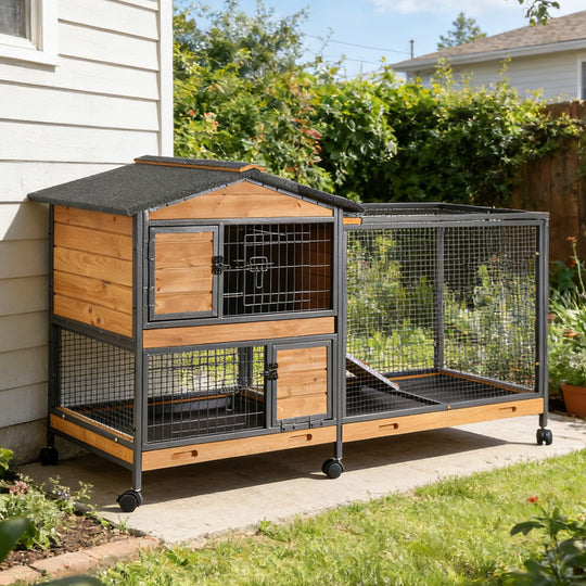 MEDEHOO 62" Heavy-Duty Rabbit Hutch with Full Iron Frame, 2-Story Indoor &amp; Outdoor Bunny Cage with Wheels and Pull-Out Tray, Orange