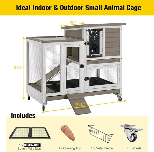 MEDEHOO Indoor Outdoor Rabbit Hutch, Bunny Cage on Wheels with 2 Deep No Leakage Pull Out Trays (Mocha Color) AIR36-U-WM
