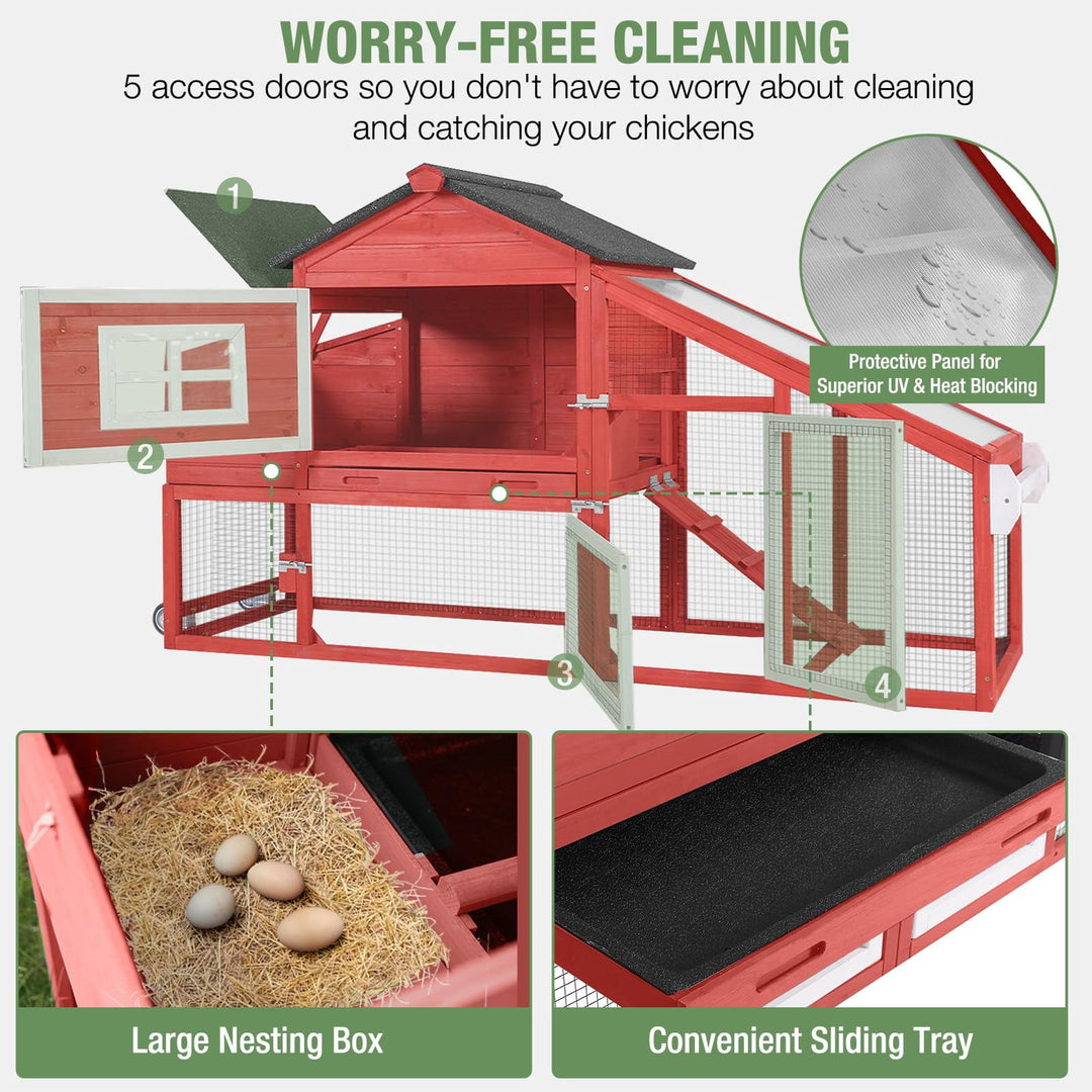 MEDEHOO Mobile Chicken Coop with Wheels for 2-4 Chickens, Backyard Expandable Chicken House Duck Cage with Run, 2 Nesting Boxes, Easy Clean Pull-Out Tray, Leak-Resistant Asphalt Roof, 72.3" SAIR23-R-WM