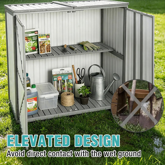 MEDEHOO Outdoor Storage Shed 4.2x2.2FT with Metal Frame &amp; Fir Wood, Weatherproof Resin Garden Shed for Patio Backyard, Horizontal Storage Cabinet with Adjustable Shelves AIR105-ZJ-A11-WM