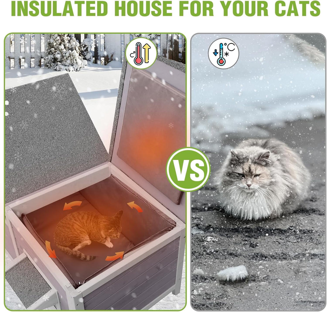 MEDEHOO Large Heated Cat House Outdoor Insulated Cat House 2-Room Weatherproof Outside Shelter with Safety Heating Pad Extra Entrances for 2-3 Cats