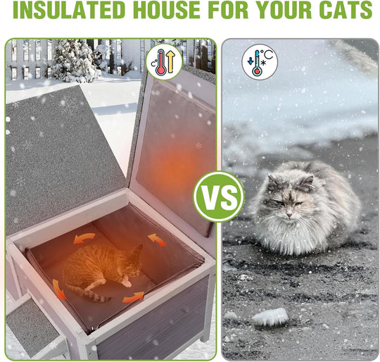 MEDEHOO Large Heated Cat House Outdoor Insulated Cat House 2-Room Weatherproof Outside Shelter with Safety Heating Pad Extra Entrances for 2-3 Cats