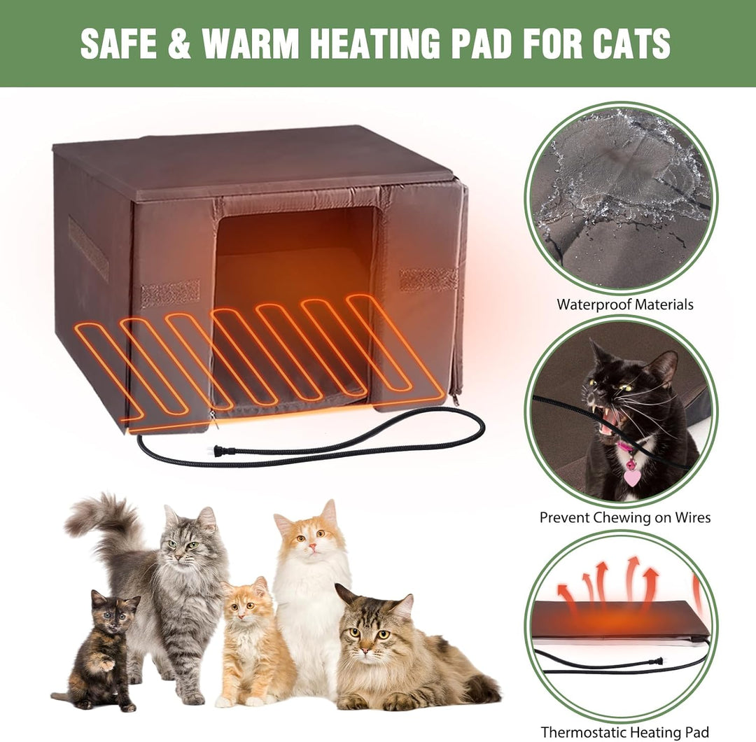 MEDEHOO Heated Outdoor Cat House with Heating Pad, Weatherproof Cat Shelter, Feral Cat House with Insulated Liner for Keep Warm in Winter AIR12-IN-HP-4DML-WM