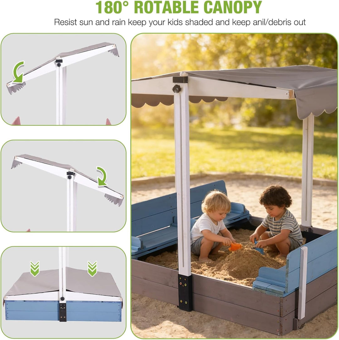 MEDEHOO Sandbox with Lid and Cover for Kids Outdoor with 2 Foldable Bench Seats, Adjustable Canopy and Sand Protection Liner, 47.2" L x 47.2" W x 51.9" H, (Blue) GUT05-B-MA-WM