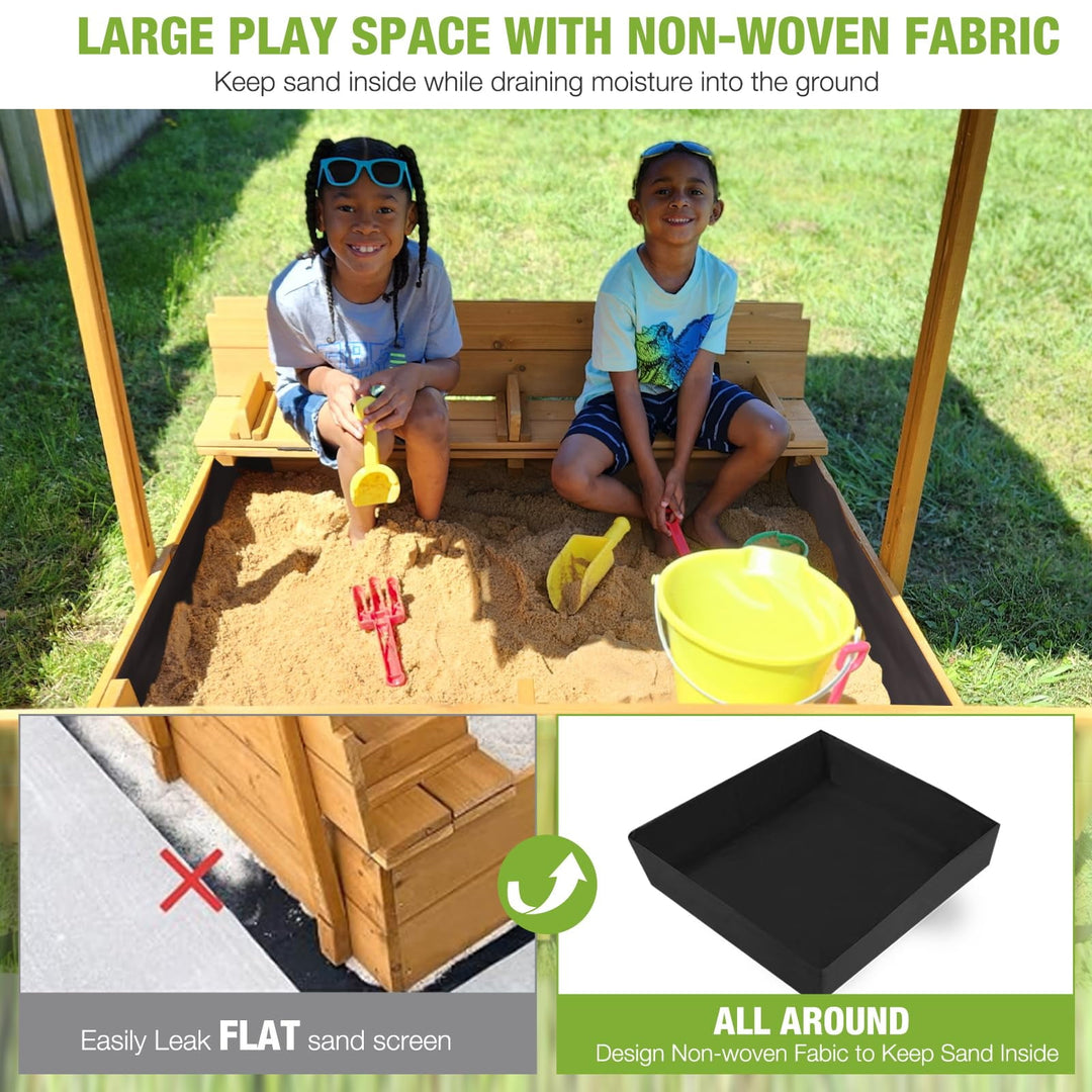 Sandbox with Lid and Cover for Kids Outdoor with 2 Foldable Bench Seats, Adjustable Canopy and Sand Protection Liner, 47.2" L x 47.2" W x 51.9" H GUT05-N
