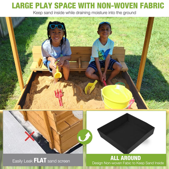 Sandbox with Lid and Cover for Kids Outdoor with 2 Foldable Bench Seats, Adjustable Canopy and Sand Protection Liner, 47.2" L x 47.2" W x 51.9" H GUT05-N