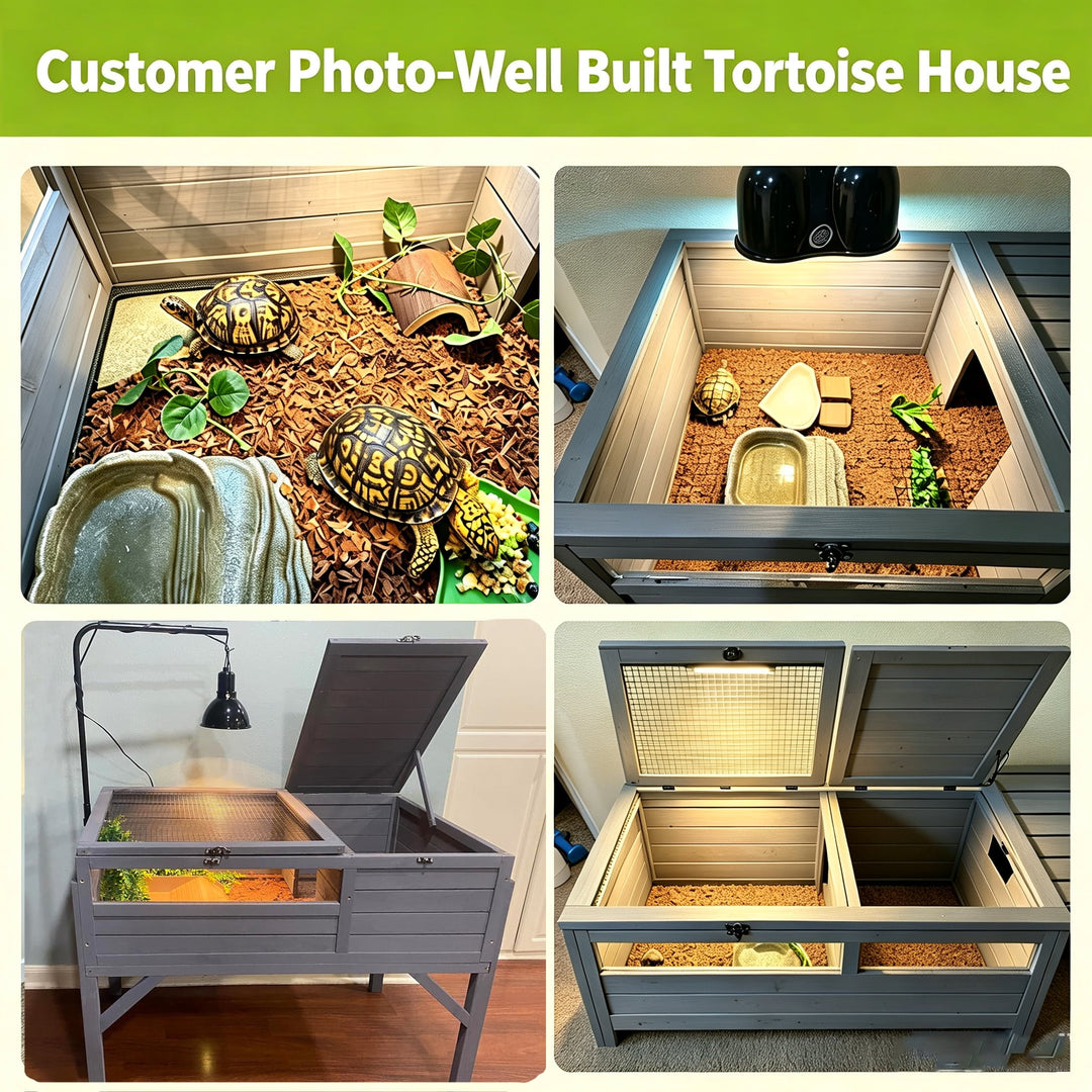 MEDEHOO 40" Wooden Tortoise Habitat House with Lamp Holder Detachable Legs Indoor Outdoor Reptile Cage Turtle Enclosure for Turtle Lizard Chameleon AIR70-J-WM