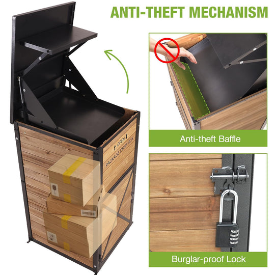 MEDEHOO Outside Package Delivery Box with Combination Lock, Heavy-Duty Wooden Parcel Drop Box with Iron Frame, Weatherproof Secure Contactless Courier Mailbox, Natural Fir Wood
