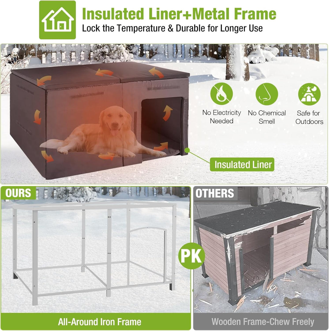 MEDEHOO Extra Large Insulated Outdoor Dog House with Insulated Liner for Winter, Weatherproof Dog Kennel with All-Around Iron Frame for Small, Medium, and Large Dog (Gray) AIR064-IN-WM