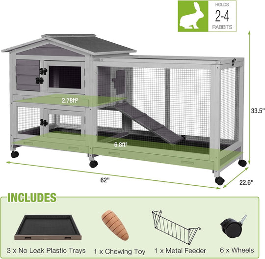 MEDEHOO Bunny Cage Indoor Outdoor Rabbit Hutch with Casters Waterproof Roof, Pull Out Tray from Back and Front, 61.2" L x 22.6" W x 33.5" H MEDE-AIR19-G-MA-WM