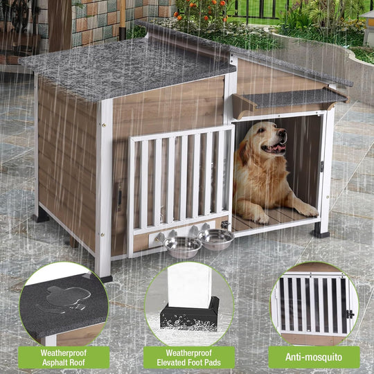 MEDEHOO Dog House for Outdoor Use with Matel Frame, Waterproof Design -All-Weather Wooden Kennel with Sliding Window &amp; Metal Frame Brown AIR7021-B-G11-WM