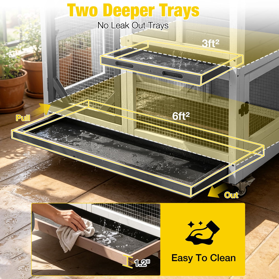 MEDEHOO Indoor Rabbit Hutch Outdoor Bunny Cage on Wheels, 2 Story Wood Guinea Pig Cages with 2 Deeper Pull Out Trays (Black &amp; White) AIR7013-BW-WM