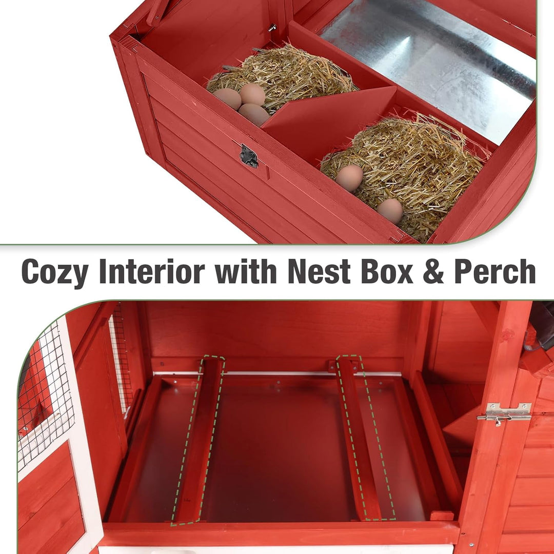 MEDEHOO 83" Large Chicken Coop for 4-6 Chickens, Mobile Hen House Outdoor Wooden Poultry Cage with Wheels Nesting Box Run, Red