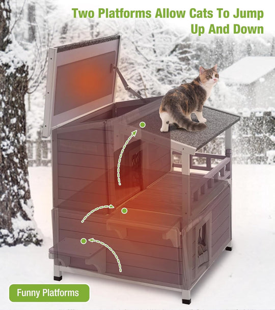 MEDEHOO Insulated Cat House Outdoor for Winter, Wooden Weatherproof Outside Feral Cat Shelter with Liner, Large Balcony, Escape Door, PVC Door Strip, for Outdoor &amp; Indoor