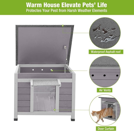 BUTINGLALE Outdoor Feral Cat House Weatherproof, Small Wooden Rabbit Hutch Bunny Cage Indoor-PVC Door Flaps AIR012-WM