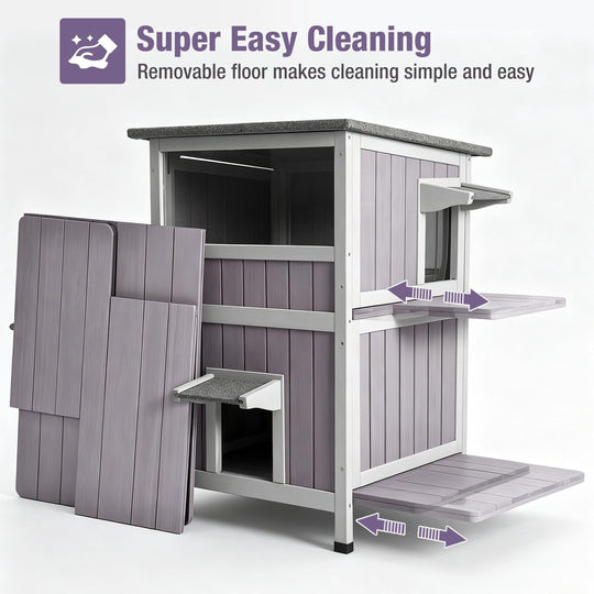 MEDEHOO Outdoor Cat House for Winter, 2-Story Wooden Feral Cat Shelter with Waterproof Roof Escape Door and Elevated Base to Keep Multiple Cats Warm