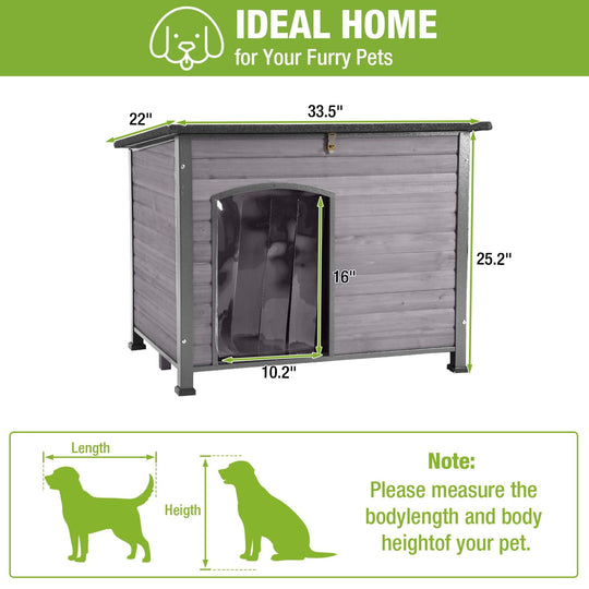 MEDEHOO 33.5 in Wooden Dog House for Medium Dogs, Chew-Proof Iron Frame Outdoor Dog Kennel with Openable Roof and Removable Floor, Grey
