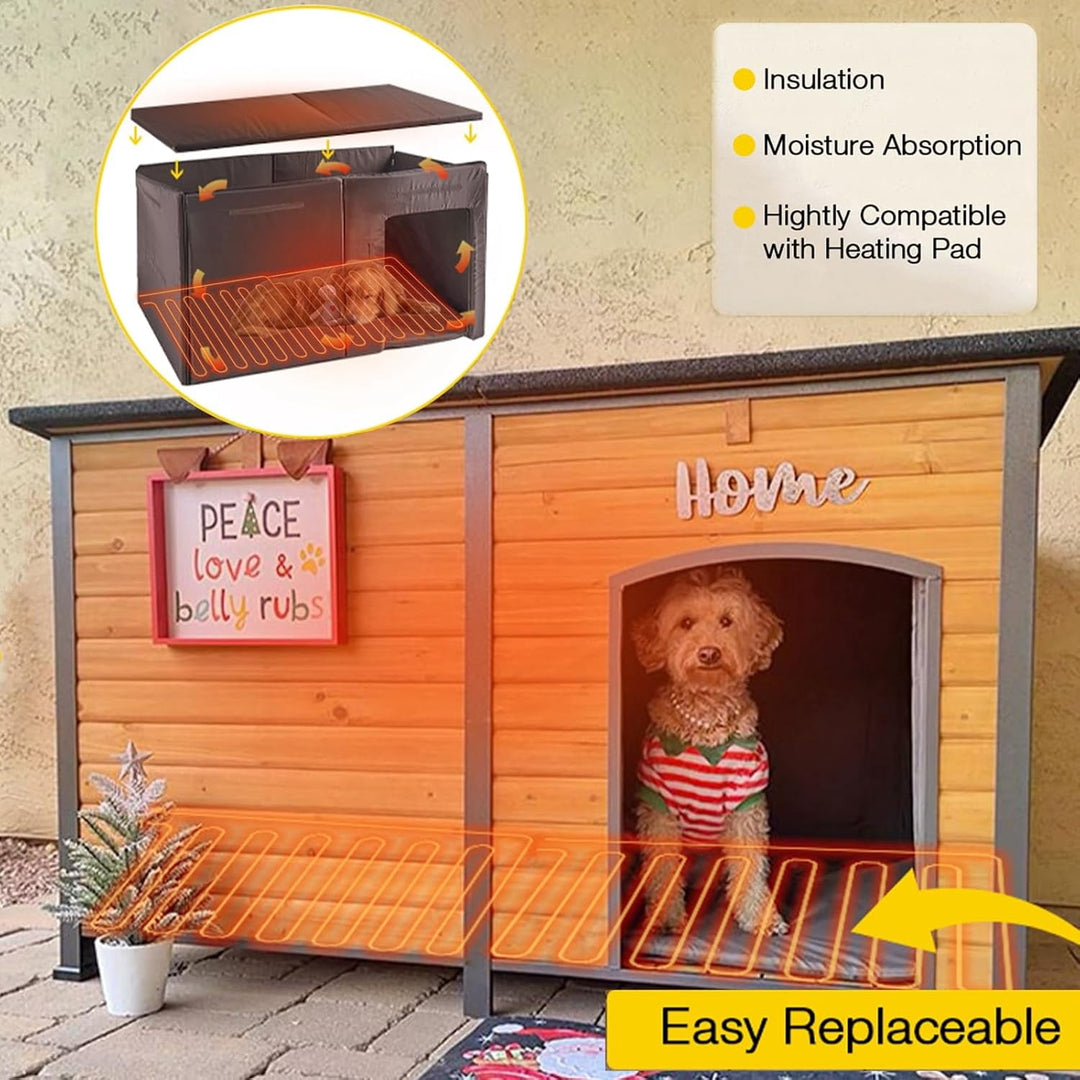MEDEHOO Extra Large Heated Dog House Outdoor Wooden Dog Kennel 59" Insulated with Heater All-Around Iron Frame
