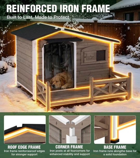 MEDEHOO Heated Dog House Outdoor Dog Wooden Kennel with Safe Heated Pad, Chew-Proof Metal Frame and Insulated Liner Dark Brown AIR7024-B-HP-N-WM