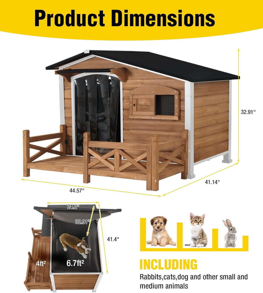 MEDEHOO 44.6" Large Outdoor Heated Dog House XL Insulated Dog Kennel with Safe Heating Pad, Chew-Proof Metal Frame, 6-Sided Thermal Liner for Large Dog Breeds, Dark Brown