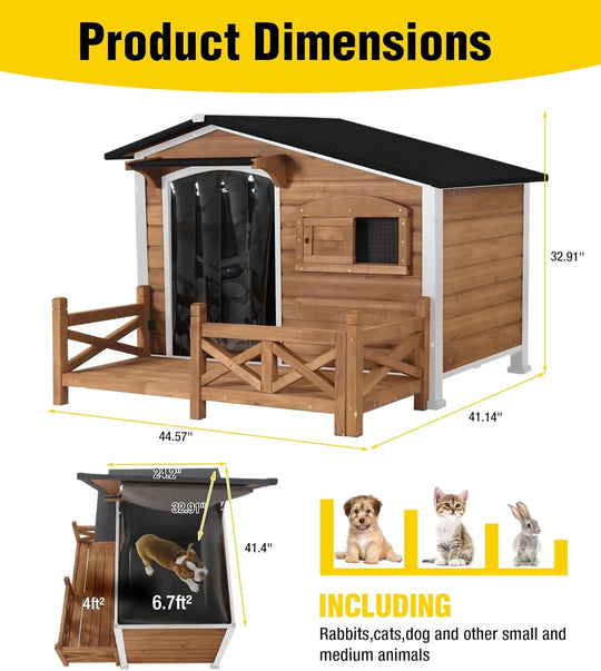 MEDEHOO 44.6" Large Outdoor Heated Dog House XL Insulated Dog Kennel with Safe Heating Pad, Chew-Proof Metal Frame, 6-Sided Thermal Liner for Large Dog Breeds, Dark Brown