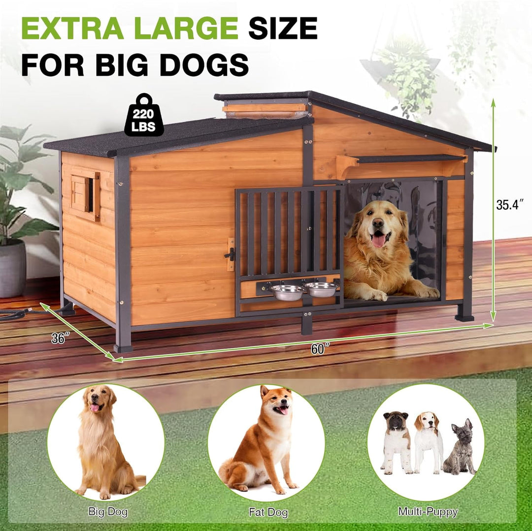 MEDEHOO 60’’ Extra Large Heated Outdoor Dog House for Large Breed, Insulated Dog Kennel with Wider and Thicker Metal Frame, Weatherproof Dog Shelter with Thermostatic Heating Pad for Winter DH7021-L-IN-HP-2DML-WM