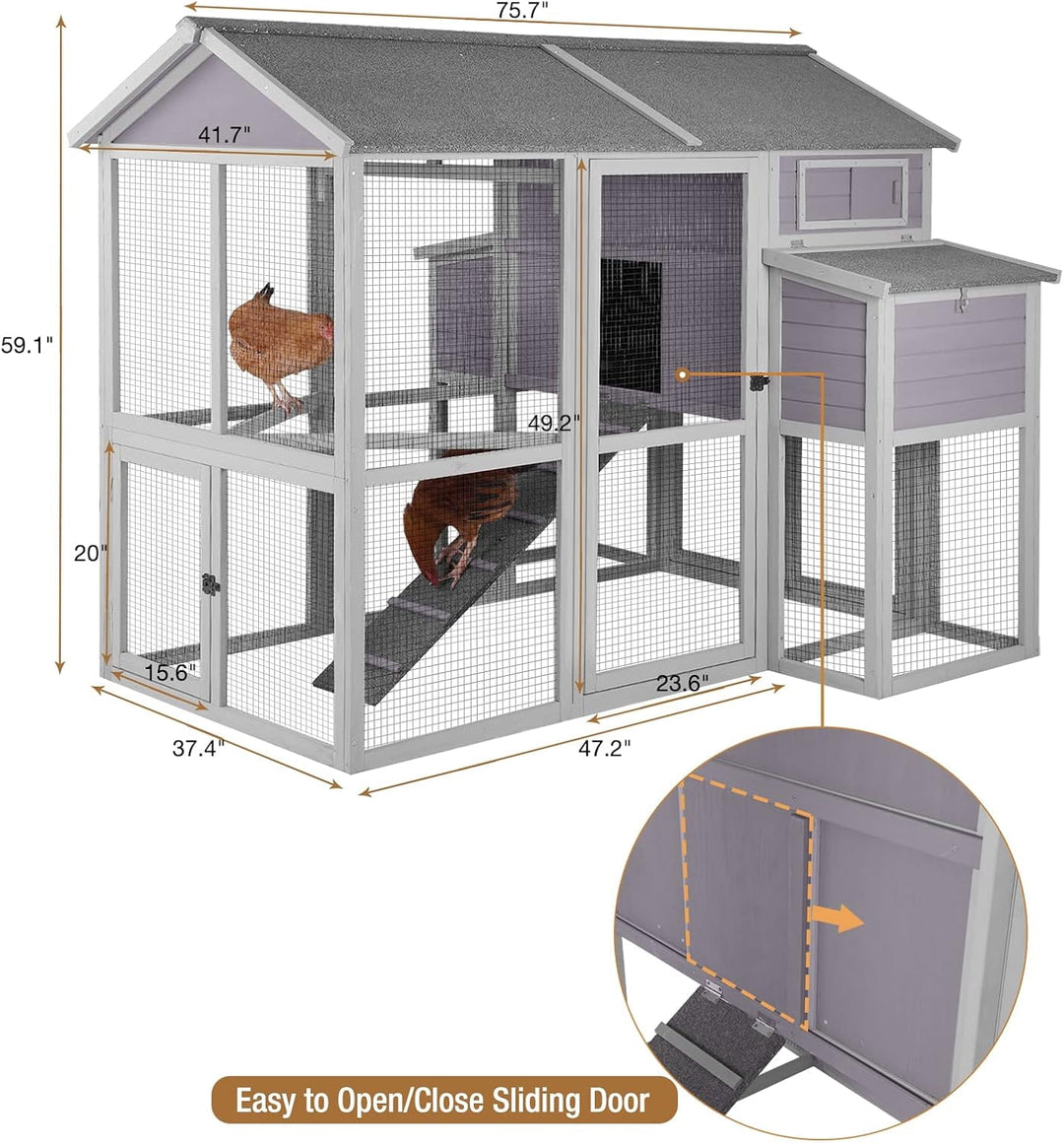 Large Chicken Coops for 6-10 Chickens, Hen House with 2 Nesting Boxes, Poultry Cage with Ramps and Run, Waterproof Roof AIR48-3