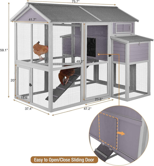 Large Chicken Coops for 6-10 Chickens, Hen House with 2 Nesting Boxes, Poultry Cage with Ramps and Run, Waterproof Roof AIR48-3