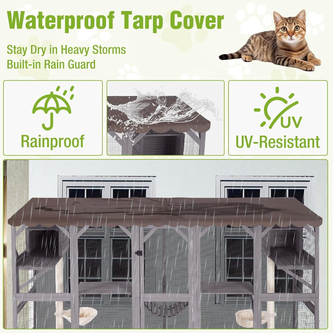 MEDEHOO Extra-Large Catio, 104" Wall-Mounted Outdoor Cat Enclosure - Cat Cage Window Box Walk-in Cat Kennel Shelter with Weatherproof Roof, 2 Scratching Posts, 2 Hammocks &amp; Bridge for 6-8 Cats