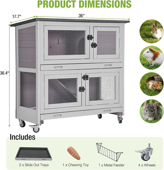 BUTINGLALE 2-Story Rabbit Hutch with Chew-Proof Ramp, 36" Indoor/Outdoor Rabbit Cage with 4 Casters &amp; 2 Pull-Out Trays, Wooden Bunny Hutch Leakproof Small Animal Cage for Rabbits, Guinea Pigs RH-AIR77-G-MA