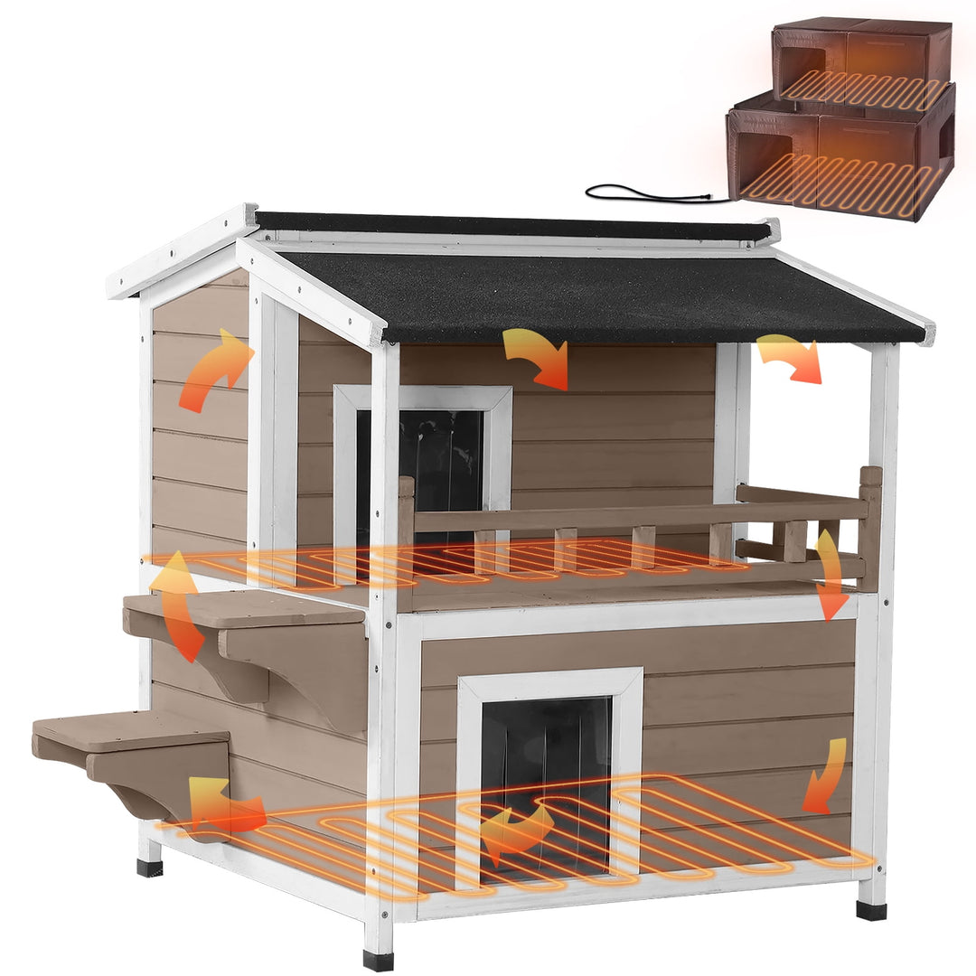 MEDEHOO Heated Outdoor Cat House for Outside Insulated Feral Cat Shelter Weatherproof with Heated and Insulated Liner 2 Story, Brown