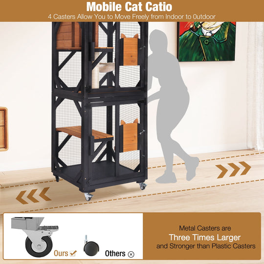 MEDEHOO 3-Tier Outdoor Catio with Wheels, Wooden Cat Enclosure with 4 Lockable Wheels &amp; Removable Hammock, Window Cat House for Multiple Cats, 63" Black