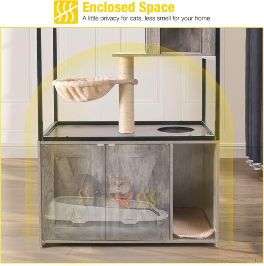 MEDEHOO Cat Litter Box Enclosure, Litter Box Furniture Hidden, Wooden Cat Washroom Furniture, Indoor Cat House with Condo, Hammock, Scratching Mat and Storage Shelves-Greige