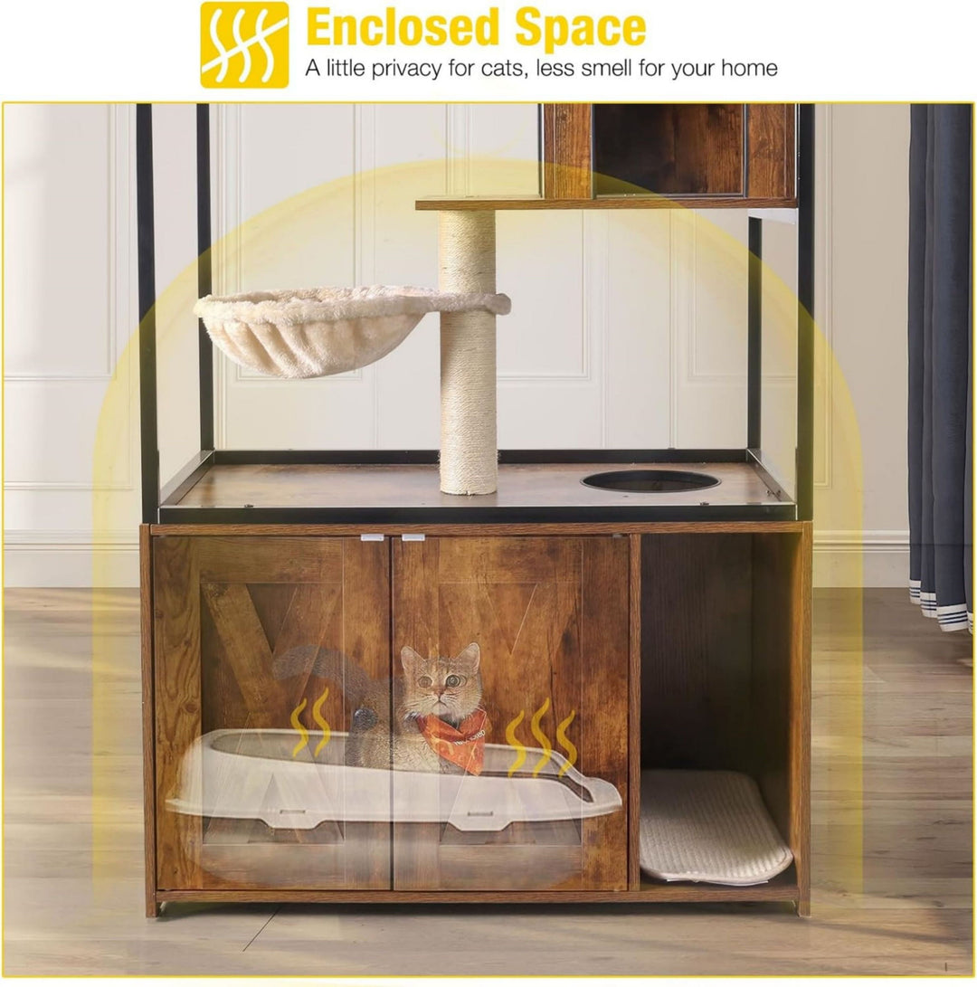 MEDEHOO Cat Litter Box Enclosure, Litter Box Furniture Hidden, Wooden Cat Washroom Furniture, Indoor Cat House with Condo, Hammock, Scratching Mat and Storage Shelves