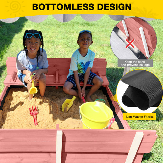 MEDEHOO Outdoor Sandbox with Cover &amp; Adjustable Canopy, Kids Sand Box with 2-IN-1 Foldable Seats, Pink GUT05-P-WM