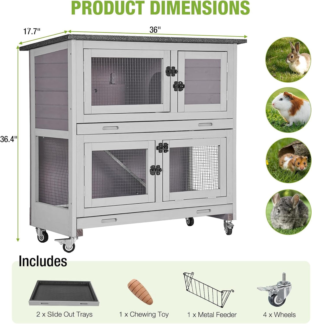 MEDEHOO Rabbit Hutch Indoor with Chew-Proof Design, Wooden Bunny Cage Outdoor Guinea Pig Cages with Wheels, Leak-Proof Trays for Rabbits, Guinea Pigs, Small Animals AIR77-G-MA-WM