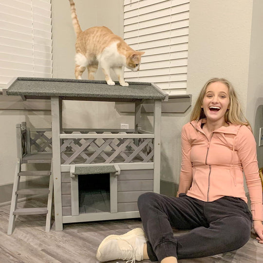 BUTINGLALE Cat House Outdoor Indoor Feral Cat Shelter Wooden Kitty House with Stairs, Balcony＆Weatherproof Roof AIR09-B-Q