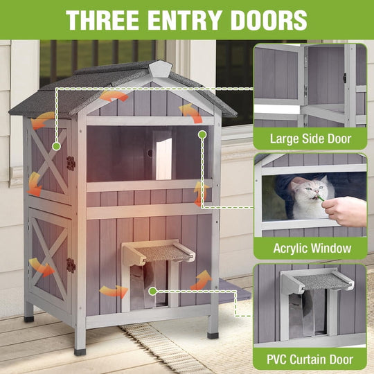 MEDEHOO 2-Story Wooden Outdoor Cat House, Weatherproof Feral Cat Shelter with Escape Doors, Two Large Side Doors and Balcony, Gray GUT94-M-WM